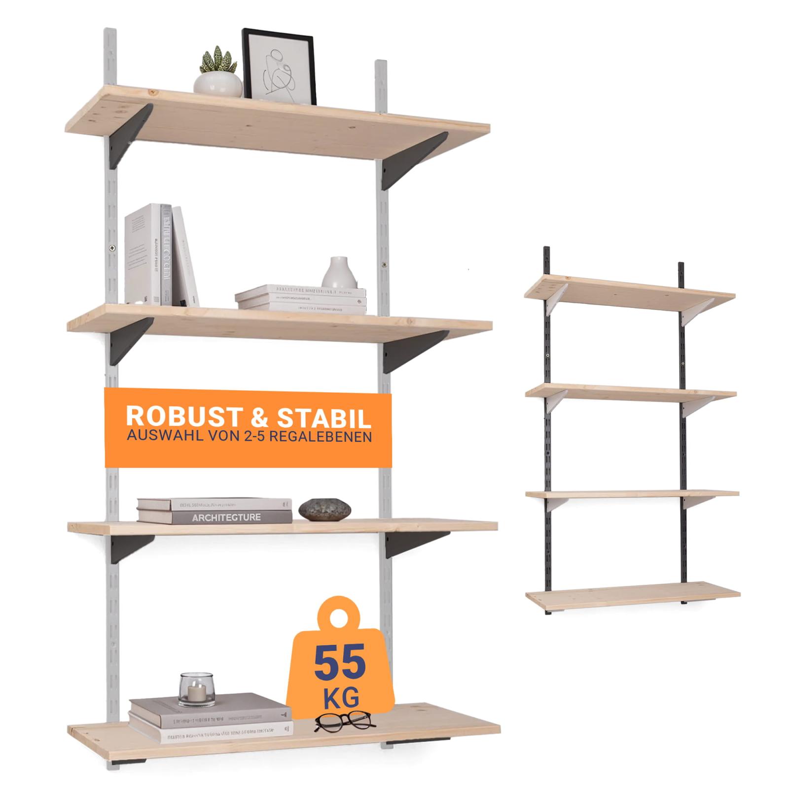 Wandregalbausatz zweireihig weiß/schwarz mit Regalbrett