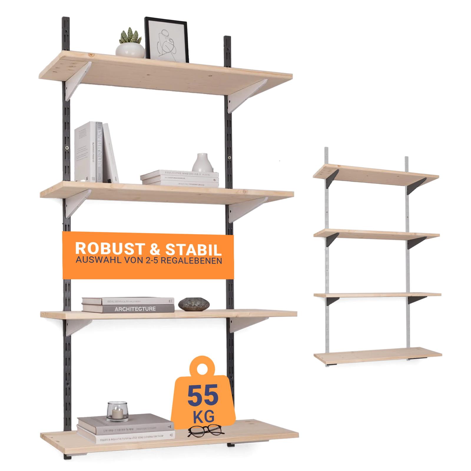 Wandregalbausatz zweireihig schwarz/weiß mit Regalbrett