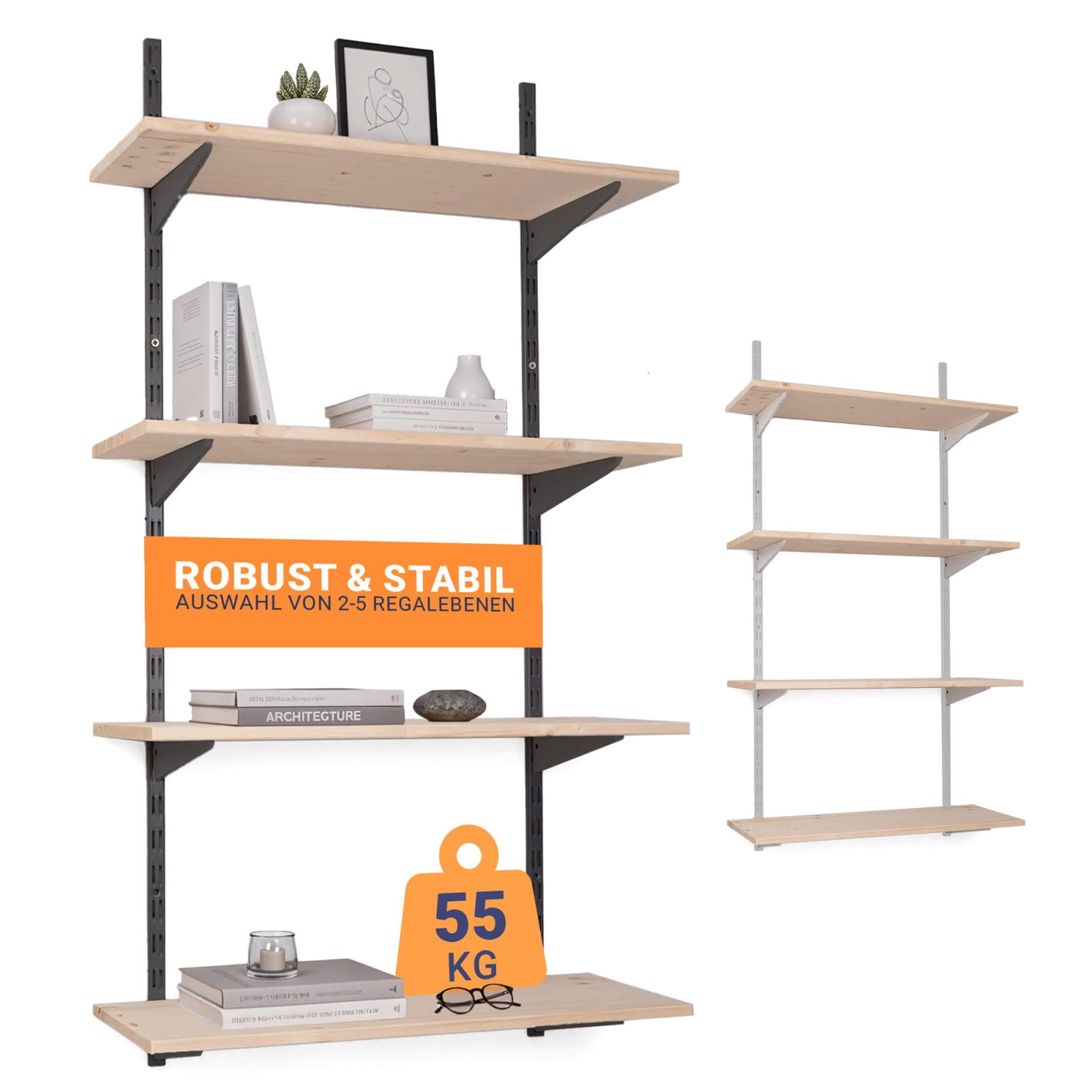 Wandregalbausatz zweireihig anthrazit mit Regalbrett - Gesamthöhe Regalsystem: 100 cm - Anzahl der Regalböden: 2 - Regalbodenmaße: 80 x 20 cm