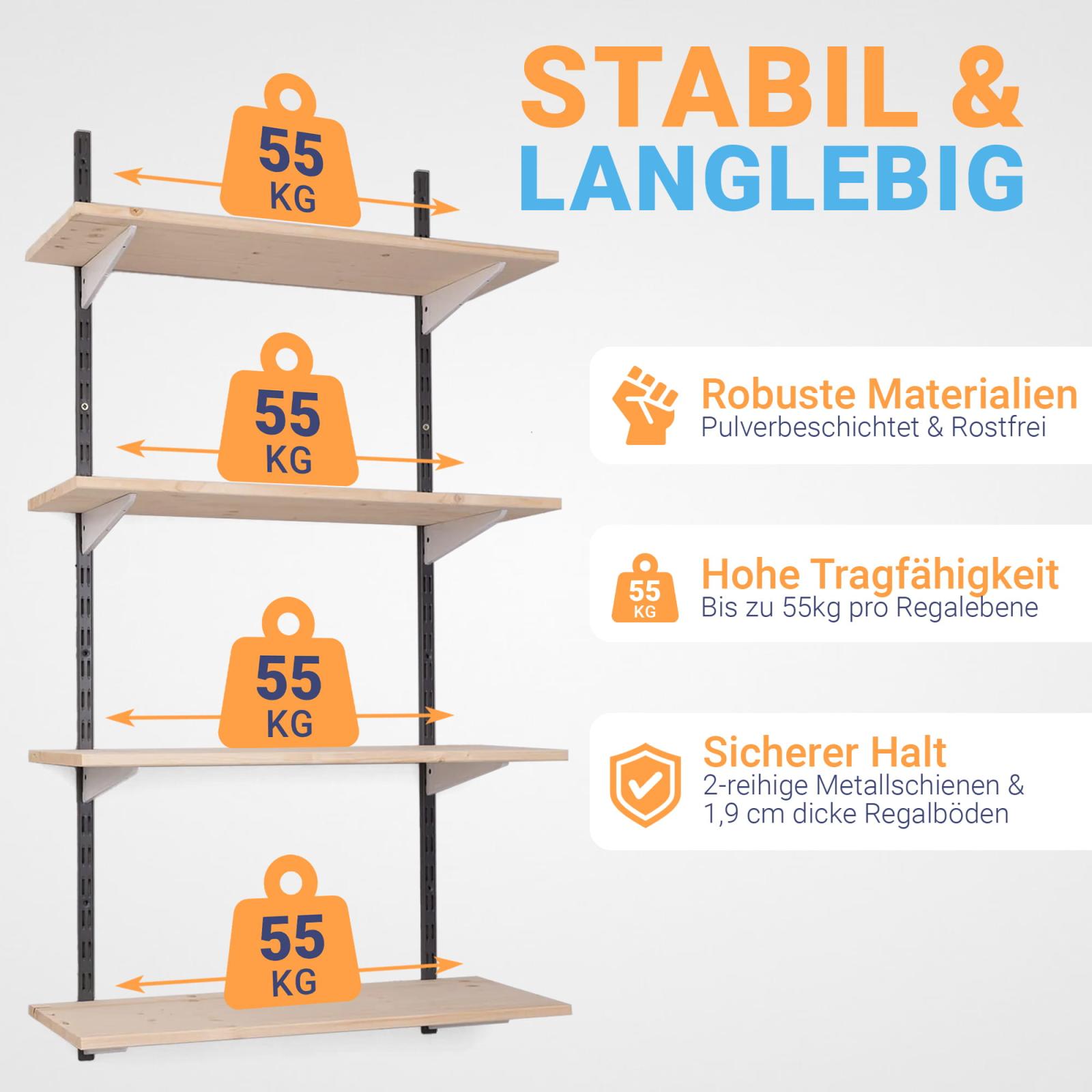 Wandregalbausatz zweireihig schwarz/weiß mit Regalbrett